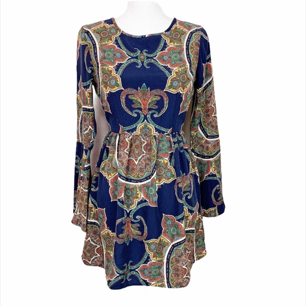 Rush Dress Women Extra Small Blue Paisley Long Bell Sleeve Knee Length Fit Flare